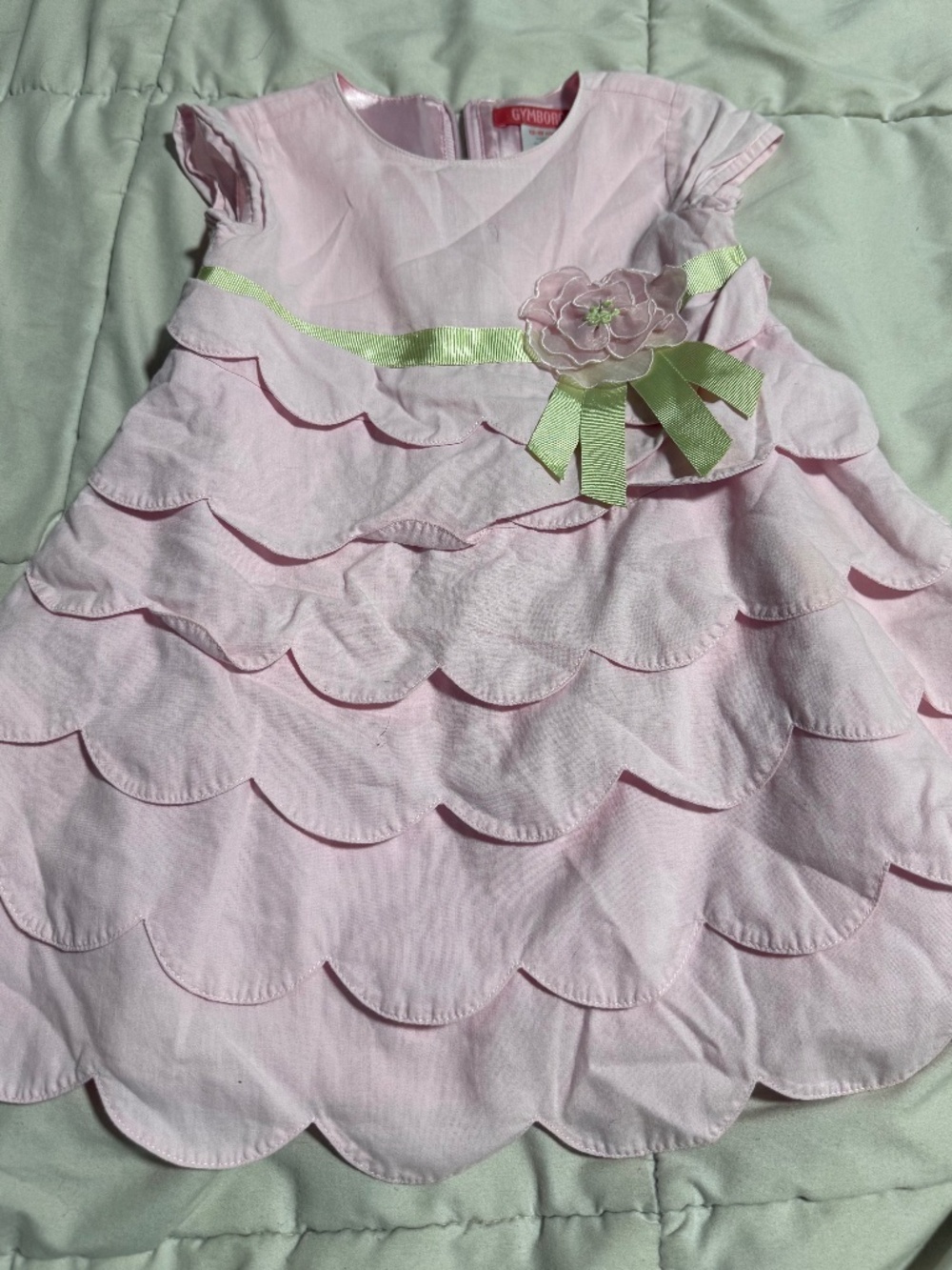 Y2K 18 Month Pink Pleated Dress with Green Ribbon and Flower Gymboree